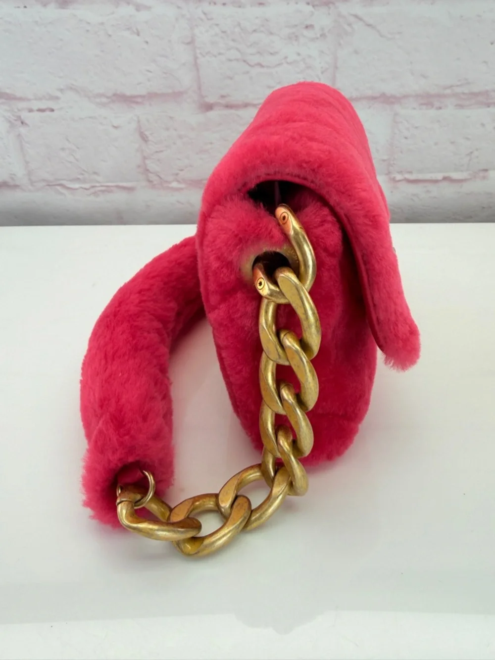 Chanel Shearling Hot Pink Quilted Flap Fur Shoulder Bag